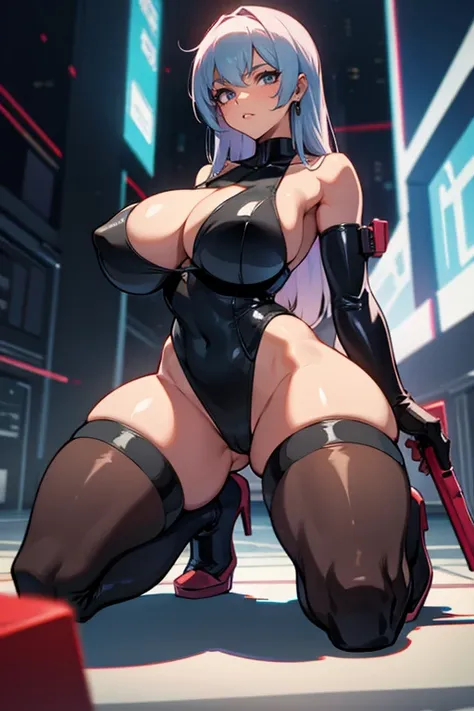 Cyberpunk, very wide hips,  thick thighs , high platform heels , high cut leotard, tanned, soldier girl, big breast, thin waist,