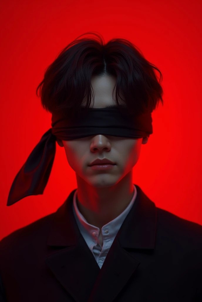 (photorealism:1.2), A young Men with a Korean-like hairstyle with a cloth over his eyes and his background being dark red And 
Redis  Sunlight repletion