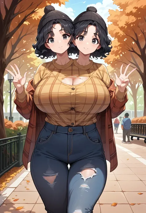 2heads, tall skinny woman with 2 heads. Outside in a park in autumn. Wearing beanie hat. Wearing plaid flannel shirt, wearing ripped jeans. Frizzy black hair. Big breasts. 