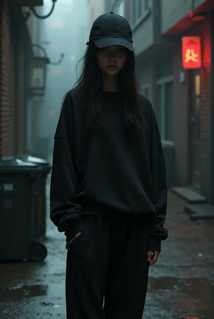 A girl with black long sleeve sweater black joguer and full body black cap
