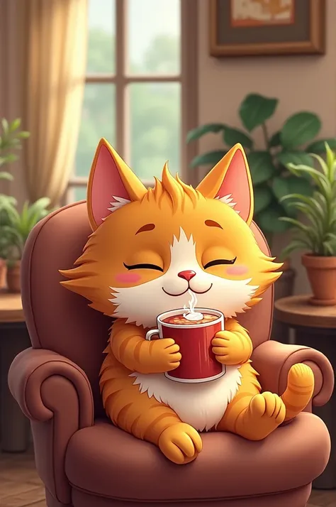 A cat relaxing in a cafe with a drink、Animation style