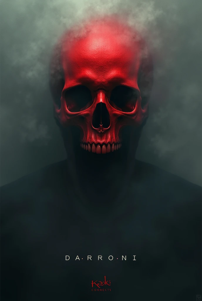 Red skull without lower jaw and dark fog surrounding it with "Kalki Connects" written on it