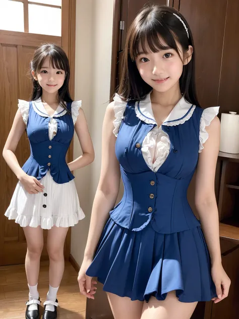 Highest quality、masterpiece、RAW Photos、Realistic、Realistic:1.2、Japanese elementary school girls、13 years old、Innocent face、Teenage Girl、cute、Baby Face、smile:1.0、(A tight, sleeveless dress with frills and blue check pattern and buttons down the chest)、Are s...