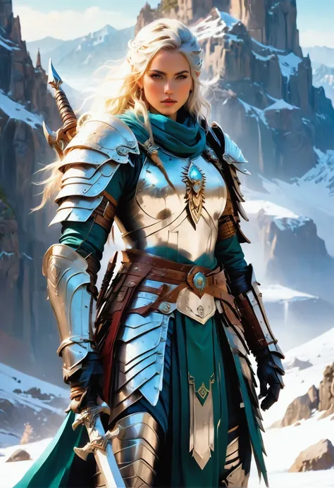 a fantasy art illustration of a female giant knight armed with a mighty axe standing at the temple gates built on snowy mountain...