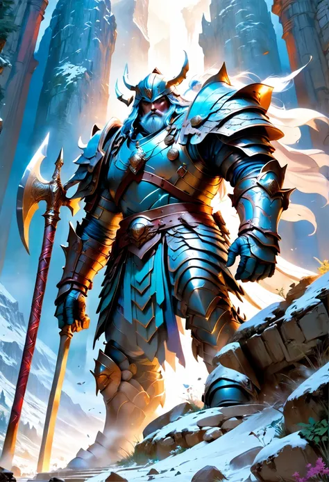 a fantasy art illustration of a female giant knight armed with a mighty axe standing at the temple gates built on snowy mountain, (((she is as tall as the mountain: 1.3))) a wild beautiful, exotic beautiful giant knight, ((anatomically correct: 1.5), (ultr...