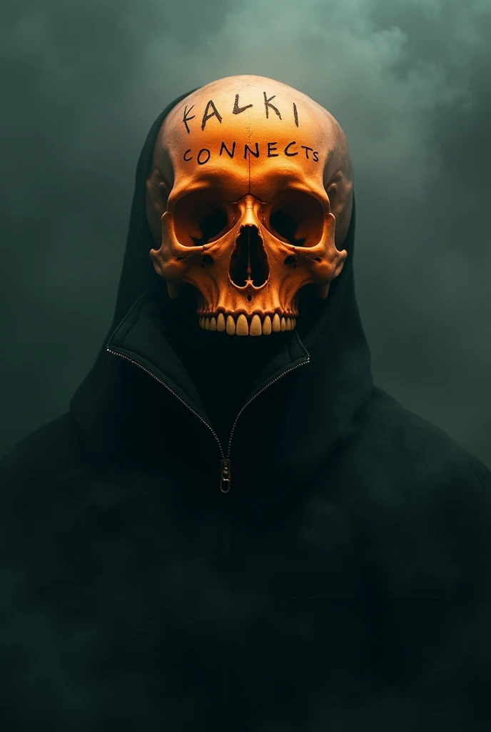 Orange skull without lower jaw and dark fog surrounding it with "Kalki Connects" written on it