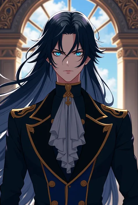 Anime serious Prince with long black hair and blue almond-shaped eyes. The Victorian era.