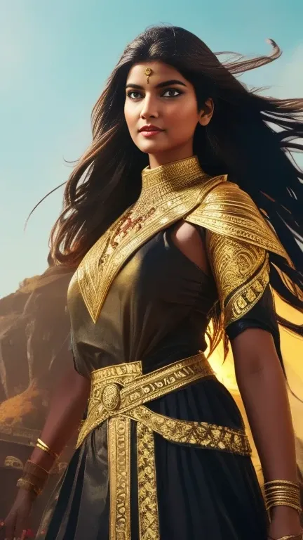 A beautiful Indian woman superhero, long dark hair, piercing eyes, high cheekbones, big breast, detailed facial features, intricate body armor with gold accents, holding a golden lasso, flying through the sky, dramatic lighting, cinematic composition, vibr...