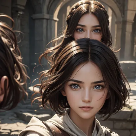 "A close-up of Liora, a medieval-inspired female character with a youthful appearance, looking like shes in her late teens but actually 30 years old. She has a bright and lively demeanor with an energetic and cheerful expression. Her face is androgynous wi...