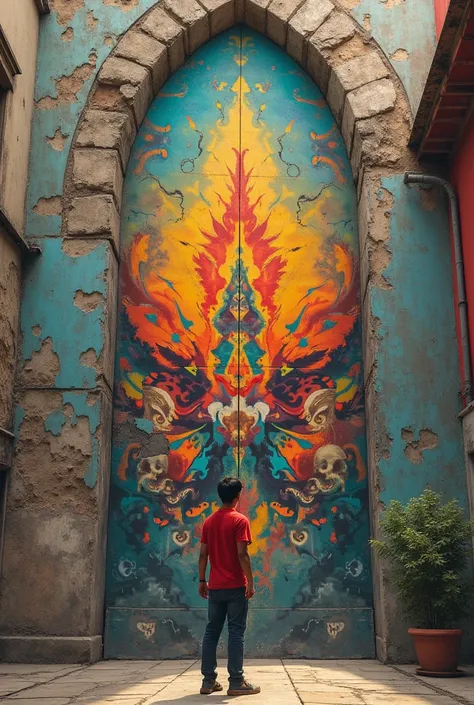 Young man looking at the old colorful mural 
