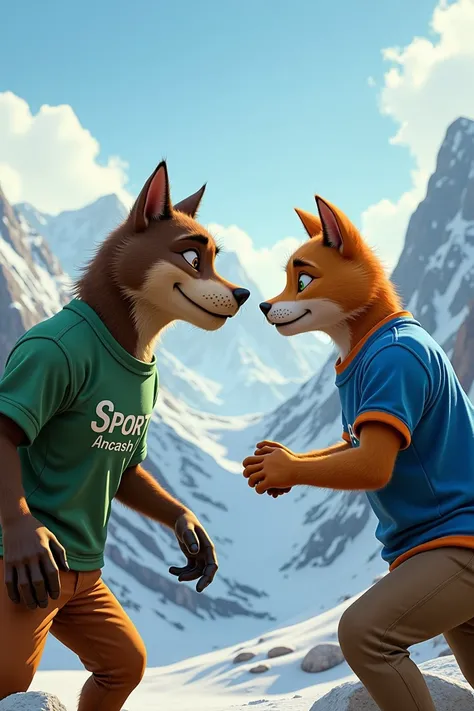 A mud dog, with a green shirt that says &#39;Sport Ancash&#39;, faces an anthropomorphized cat with a blue t-shirt and orange details. They are in the realistic stage, with snow-capped mountains in the background, both challenging and ready to play.