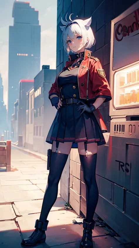 
The metropolis of the future.A lovely and charming girl,Cat ears,short hair,All American Body,Wearing a red and white combat uniform,Wearing a combat coat,Holding a Gaklin machine gun,in the ruined city