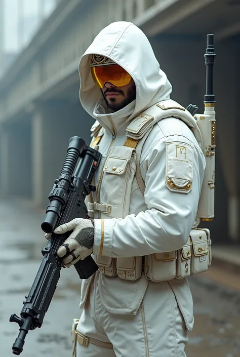 White sniper with small gold details, at an angle facing forward slightly rotated to my right