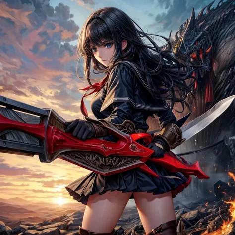 (Holds a gigantic great sword)Beautiful Schoolgirl,Fighting monsters with your allies,Detailed and realistic portraits,masterpiece,high quality,8k,High resolution,Intricate details,Dynamic composition,Dramatic Scene,Dynamic action poses,Dramatic lighting,V...