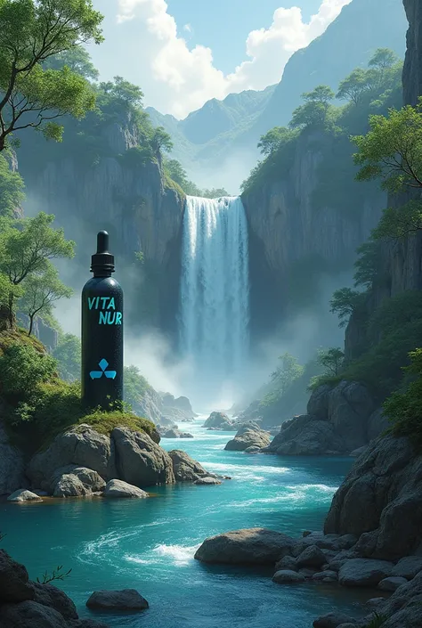 Landscape of a river with a very cool, pretty waterfall with some rocks with a black medicine dropper that has a sign that says Vita Nur with green and blue letters