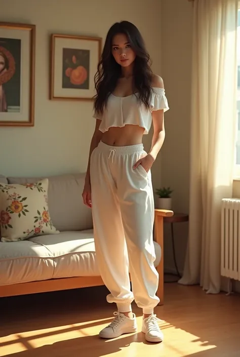 (photorealism:1.2), beautiful woman, standing up,  wearing a white crop top, casual jogger pants, tennis shoes, long dark hair, indoors, soft lighting, paintings in background hanging on walls, window with sunlight, standing in living room, relaxed pose, r...