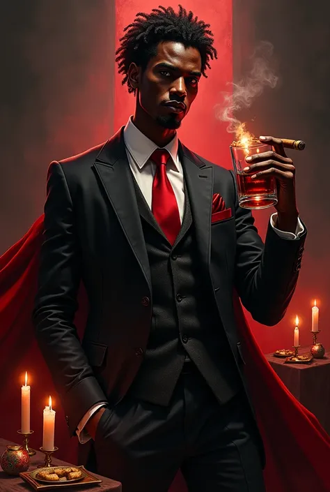 Create a powerful and elegant depiction of Exu Marabô, an Afro-Brazilian spiritual entity from the Umbanda religion. He should be portrayed as a sophisticated and strategic figure with a commanding presence. Marabô wears a well-tailored black and red suit,...