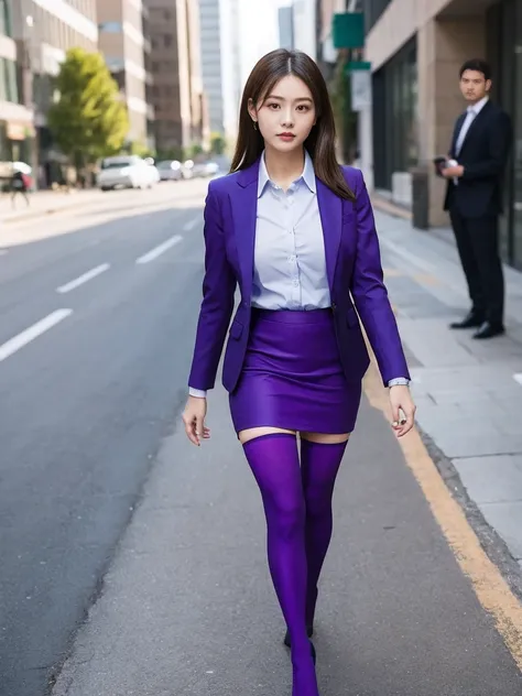 an arafed woman in a purple suit and black stockings is walking down the sidewalk, knee socks and skirt, girl in suit, girl in s...