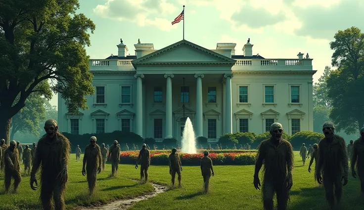 Describe the American white house, filled with zombies, add to the walls of the building with moss and wild creeping roots as if it had been abandoned