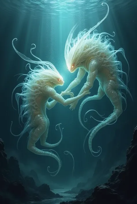 Transparent creatures、Dark Deep Sea、myth、Creatures、monster、big、fight、In combat、emit a beam、Struggle、Struggle