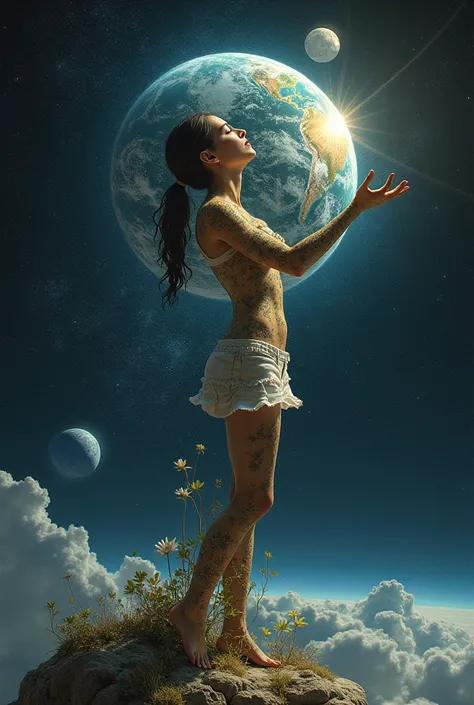 Create an image featuring a humanoid figure appearing to be made of stardust, where one can discern wisps of nebulae and constellations within this form. This figure has hair and is delicately holding the Earth in one hand. The Earth itself is teeming with...