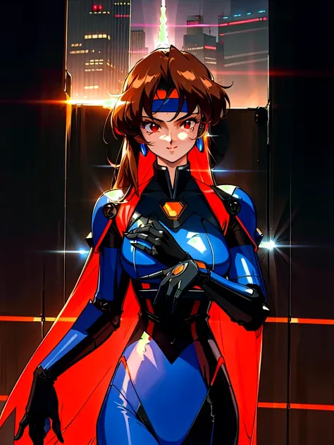 Kenichi Sonoda, retro art-style, 90s Japanese Anime Style, "bubblegum crisis", Sci-fi, Cyberpunk, Neon, (Amid the neon-soaked skyline of towering skyscrapers in mega Tokyo, 20-year-old anime beauty Priss stands alone on a gleaming skyscraper spire, bathed ...