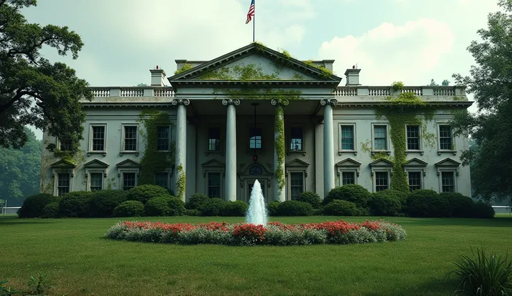 American white house, damaged, abandoned, and many wild plants cover the walls of the building. 