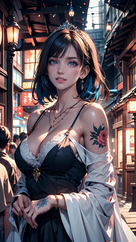 masterpiece, 最high quality, high quality, Very detailed CG uniform 8k wallpaper, One person, alone, Blue Hair, tattoo, short hair, Have, jewelry, smile, necklace, Looking at the audience, Have, Realistic,  Upper Body, Best, nose, Exposing shoulders, artist...