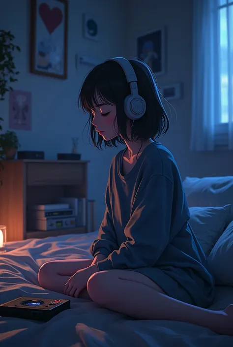 Girl listening to music in cozy room at night, Use headphones, 2D style anime, lo fi, hard disk, dark environment