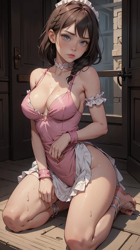 The best image quality, 8k, masterpiece:1.3)),  Beautiful woman with slim abs:1.3, (casual hairstyle, Big, leaky breasts:1.2), hands tied behind her back, straight dresses:1.1, Ultra-fine face, pink pink fur, ((under the chest)),A detailed eye, double eyel...