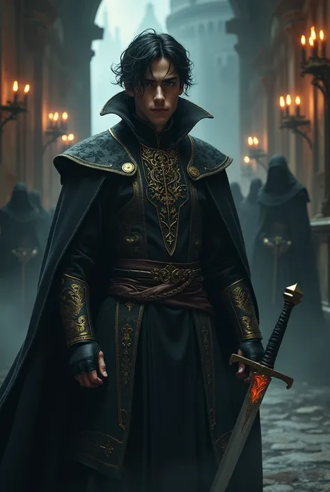 "Create a highly detailed and dramatic image featuring a young nobleman with striking dark hair and intense, cold eyes, standing in a grand, shadowy medieval castle. The young nobleman is dressed in luxurious, dark clothing with intricate gold patterns. Hi...