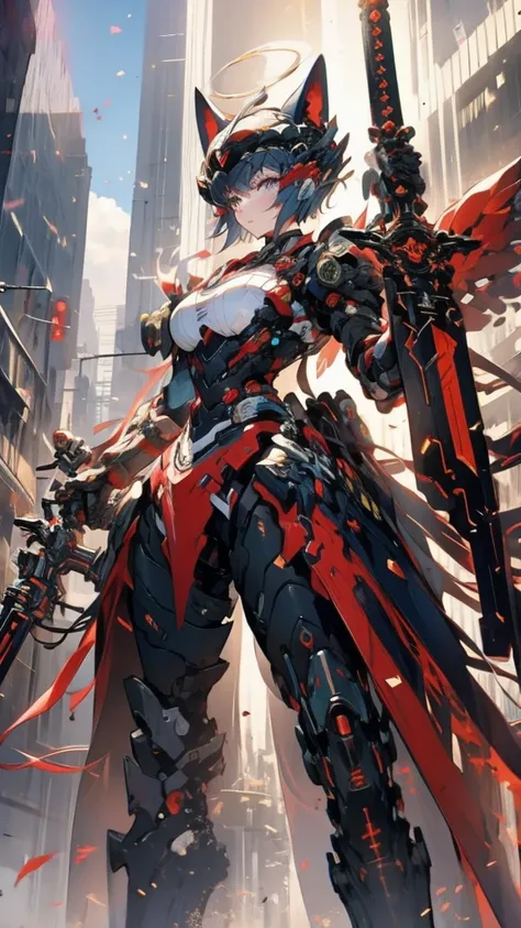 
The metropolis of the future.A lovely and charming girl,Cat ears,short hair,All American Body,Wearing a red and white combat uniform,Wearing a combat coat,Holding a Gaklin machine gun,in the ruined city