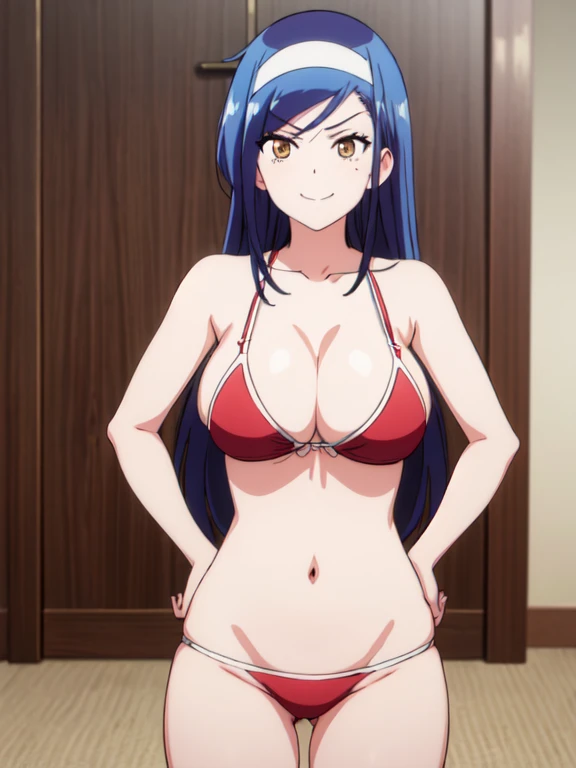  masterpiece, best quality, large breasts, 1girl, solo, arrogant face, looking at viewer, front, big breasts, front, cleavage, both hands on hips, evil smile, breast focus, smirk, height 145cm, red bikini, fumino furuhashi