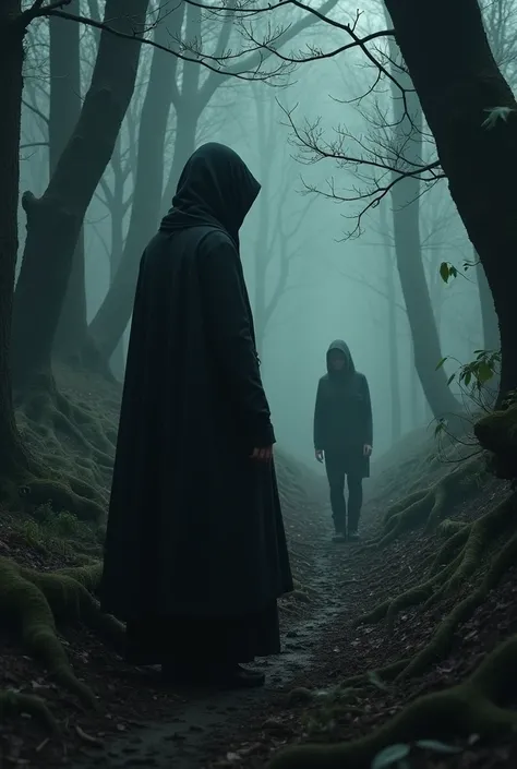 Mysterious woman wearing a black cloak that doesn&#39;t show her face, she is watching a  who got lost in the forest