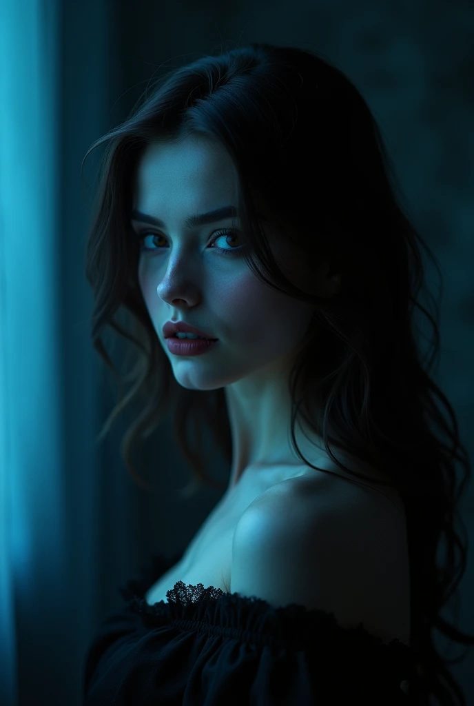 Make a picture of a sexy girl in blue With dark and mysterious colors