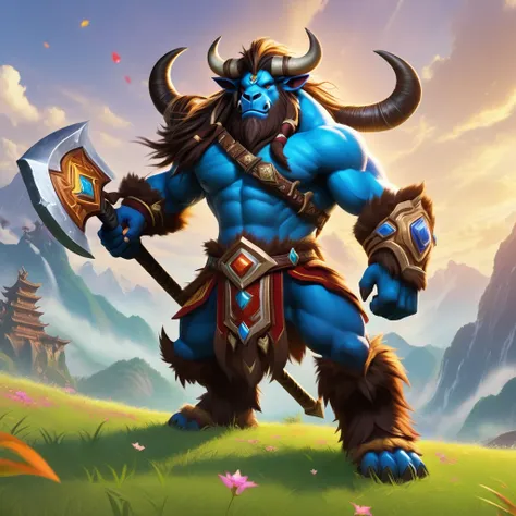 《World of Warcraft》Characters in this game，In the vast continent of World of Warcraft，A majestic tauren hero，personification，Walking，Walking slowly on the green grass field。His tall body stands straight and upright，Deep eyes sparkle with wisdom。Thick hair ...