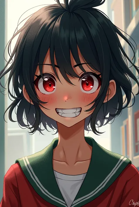 a girl in a school uniform, tall, red eyes, a very wide smile, with messy hair