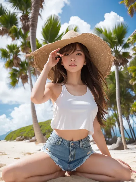 masterpiece,Highest quality,1 girl,Cowboy Shot,Front view,Young and cute Japanese,A small smile,((Shade of palm trees on a tropical beach:1.5)),((Stylish and sexy white tank top:1.5)),wear,((Ultra short micro denim mini skirt:1.5)),wear,No underwear,Very c...