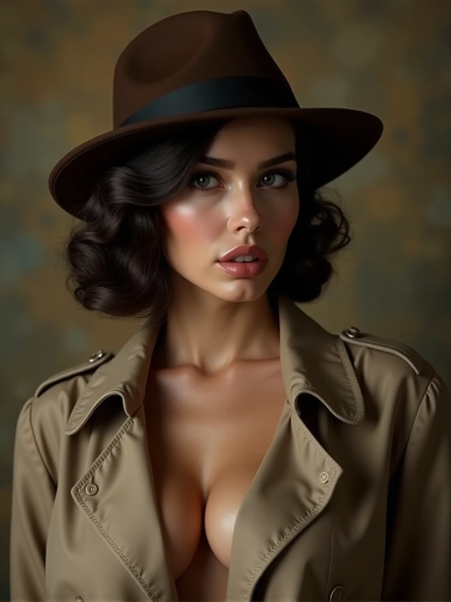 (Photorealistic.masterpiece. Uhd)an ultra hot gorgeous European woman.
She’s 23 years old. 
She’s an Instagram model.
(((She’s Dressed with a  a 1940 Film noir detective. trench coat, fedora hat.)))
Suggestive pose. Cleavage.(Kate Beckinsale:0.6)
BREAK
Per...