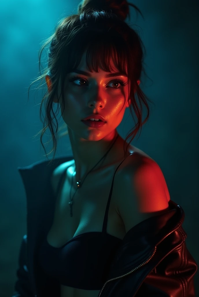 Make a picture of a sexy girl in blue With dark and mysterious colors, rebel looking up