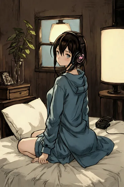 Girl listening to music in cozy room at night, Use headphones, 2D style anime, lo fi, hard disk, dark environment