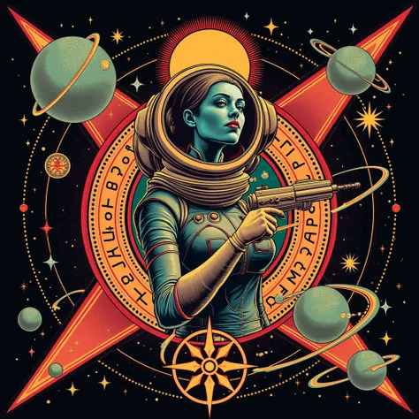 Norman Rockwell style,vintage poster, ALIEN ASTRONAUT WOMAN  in a vibrant spacesuit with "ð°" ears, and wielding a plasma "ð¥ð«", on a decorative "ð¥"-shaped motif,  ensconced by surreal esoteric symbols, geometric zodiac signs, atomic structures, ...