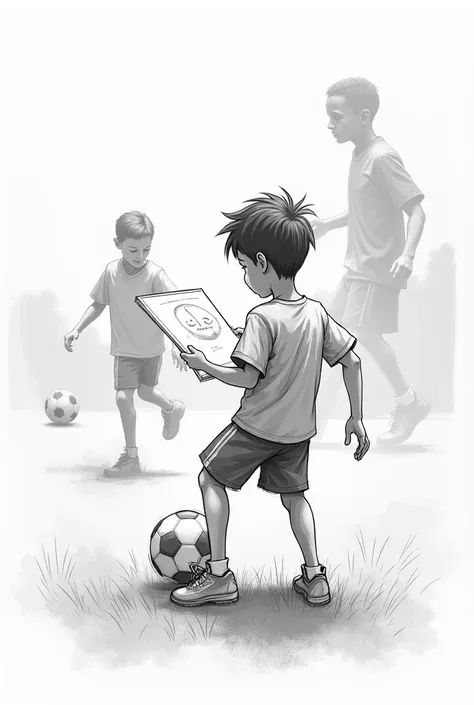 A boy in sketch playing football seeing his future in sketch for tattoo 