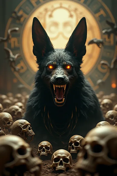 realistic 10 × 20
anubis logo looking furious, surrounded by skulls with burning eyes, with name "ANUBIS", his backround is zodiac sign, photo size is 10 × 20, realistic photo, professional photography, UHD, HDR, 16k , high resolution