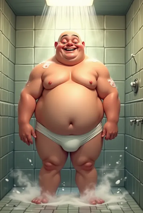 chubby man with tighty whities taking  a shower