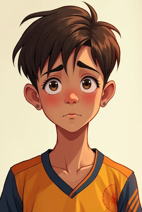 a 13 years old boy fair skin smiling face brown hair brown eyes wearing kabaddi jersey and feeling sad 
anime  