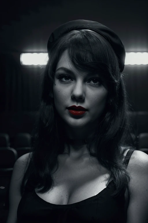 (silhouette,spotlight, Taylor Swift,Sin_City_Style, monochrome,),(((close up portrait))), a beautiful young woman,:2.5,pale skin,clean skin,perfect skin,((red lipstick)),long wavy hair, Wearing Red Hair Ribbons,Wearing a Pillbox Hat,Flaunting Vidal Sassoon...