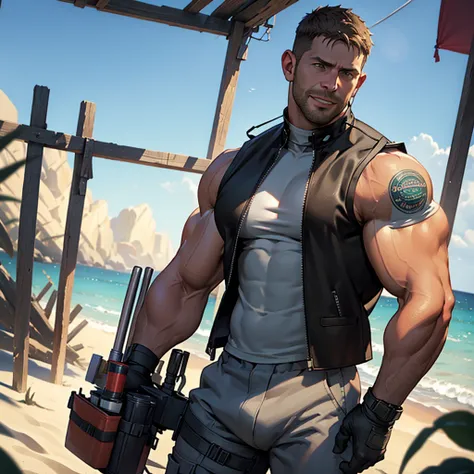 NSFW, An award-winning original photo, 1 man, solo, ((41 year old)), Chris Redfield, ((daddy TOTALLY NAKED, SHOWING A SERIOUS COCK )) , ( A BROWN LEATHER VEST ), (BROWN BOOTS ), muscular male, tall and hunk, biceps, abs, SMILING face, best quality, masterp...