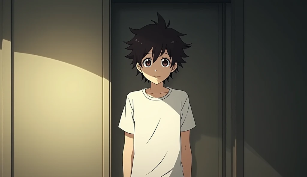 Inside the room,Bob,One person, Lost in Thought,solo, White T-shirt smiling, Off-screen, Anime Style, 