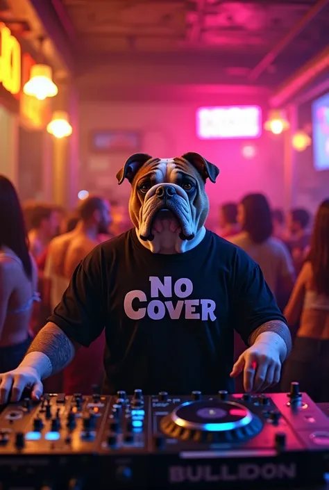 Image of a reggaeton bar with a DJ dog breed Bulldog with a shirt that says no cover in black ,light atmosphere in the bar 
